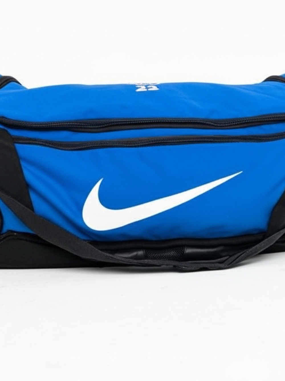 Nike Blue Duffel Bag with White Swoosh and Black Accents